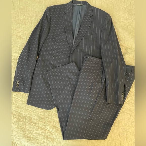 CARLO BARBERA & C. SUPREMO Super 150’s Wool Dapper Stripe Navy Suit 44 L $1795 - Picture 1 of 16